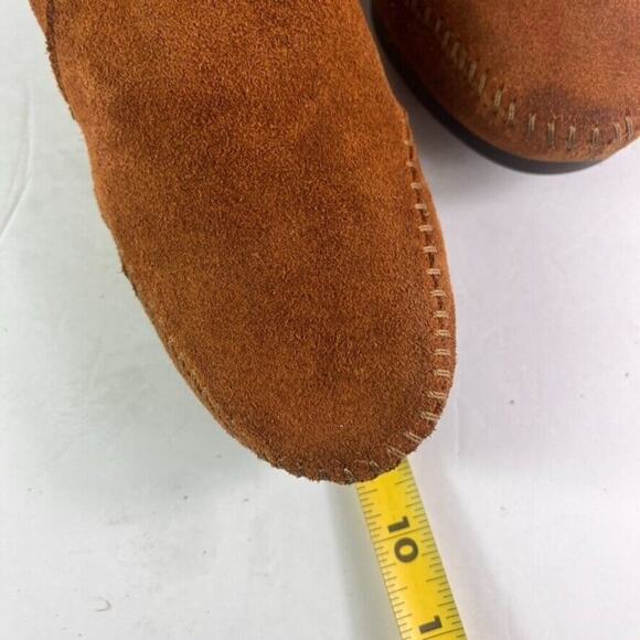 Minnetonka Moccasin Shoes Womens 4 Brown Fringe Back Zip Moc Ankle Suede Flats - Picture 11 of 12